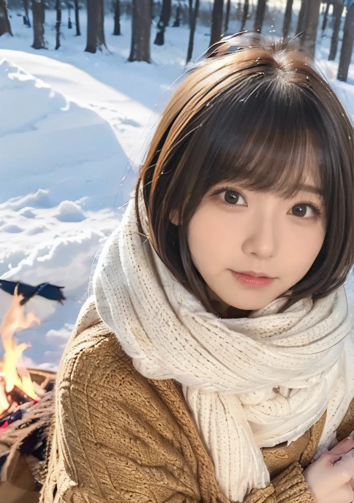 Being with a dog、A girl and a dog warming themselves by a bonfire、Lens flare、Hair blowing in the wind、Medium Short Hair、Fluffy scarf in warm colors、Expressing the whiteness of one&#39;s breath、Photo from the waist up、Night city illumination shot、Cowgirl Shot、Fur coat、豪華なグレーのミンクのFur coat、Wear fine leather boots、Luxury Bags、Inner turtleneck、Silver necklace and small silver earrings Millionaire style:1.4））、Full body photo、smile、 Caustics、Highly detailed photos、Very beautiful woman 、Ample breasts、No makeup、(8K、RAW Photos、Highest quality、masterpiece:1.2)、(Realistic、Realistic)、1 Girl、((Medium Short Hair、Midwinter、Cold region Snow falling、The wind is blowing、Fluttering Hair、Blur the background、Colorful illuminations、Looking into the camera:1.4))、
