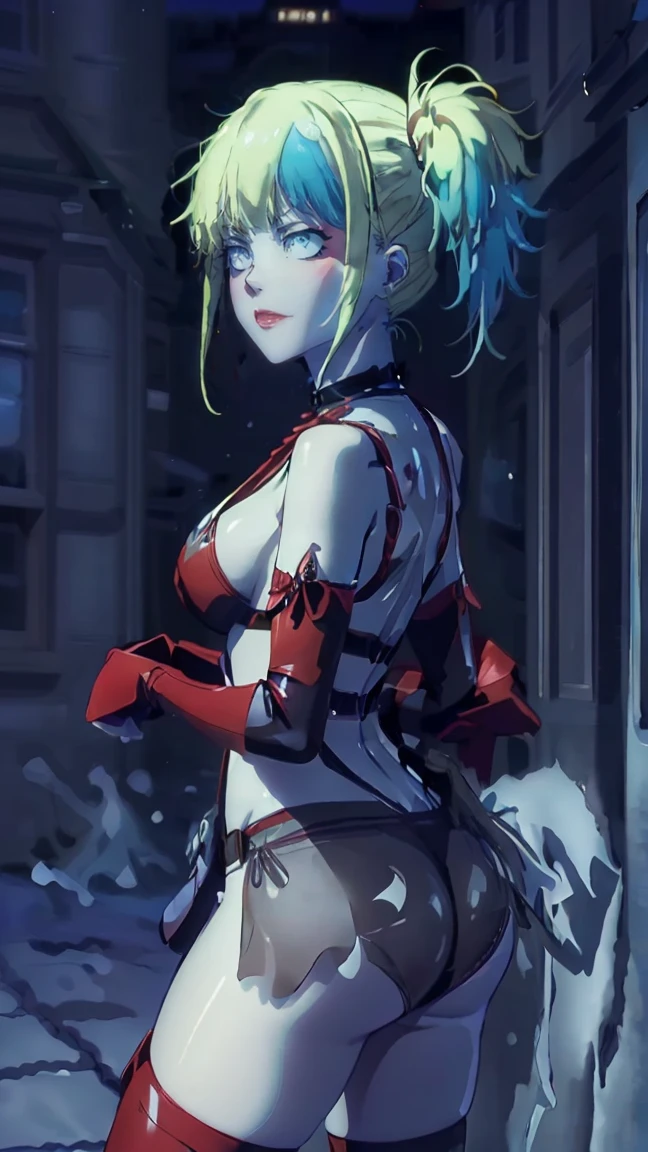 masterpiece, Best quality, Super detailed, illustration, beautiful detailed eyes, ((distant view, wide angle 1.31)), On the outside, young woman, Harley Quinn, intricate design, complex shaped lace tights, two hair tails (blue and red tail), sexual, Face to face, split, full length (full body 1.1.), very feminine, fighting stance, (masterpiece), magic photography, Spectacular lighting, Photorealism, ultra detailed, intimate portrait composition, 1. 4,8 k UHD, aesthetic, Cd., A high resolution, 8 k, better lighting, Best shade, Ultra-HD, A high resolution, sharp focus, Complex background, Cinematic lighting, ((Landscape view)), 4K block, (better lighting), ((Cinematic lighting)),
