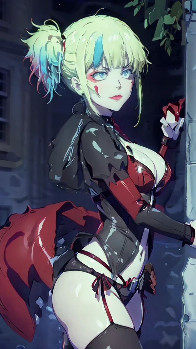 masterpiece, Best quality, Super detailed, illustration, beautiful detailed eyes, ((distant view, wide angle 1.31)), On the outside, young woman, Harley Quinn, intricate design, complex shaped lace tights, two hair tails (blue and red tail), sexual, Face to face, split, full length (full body 1.1.), very feminine, fighting stance, (masterpiece), magic photography, Spectacular lighting, Photorealism, ultra detailed, intimate portrait composition, 1. 4,8 k UHD, aesthetic, Cd., A high resolution, 8 k, better lighting, Best shade, Ultra-HD, A high resolution, sharp focus, Complex background, Cinematic lighting, ((Landscape view)), 4K block, (better lighting), ((Cinematic lighting)),