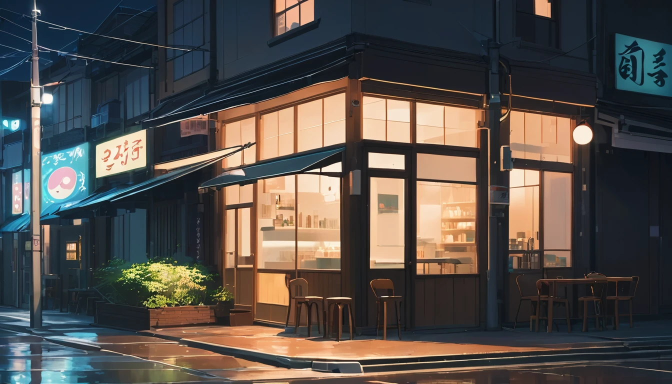Generate an image of a deserted street at night with a lofi aesthetic coffee shop, highlighting the illuminated sign and the lamp posts in the background, makoto shinkai'conceptual artwork, tumblr, magical realism, cute anime dinners, cloudy sky. por Makoto Shinkai, ( ( makoto shinkai ) ), anime background art, anime backgrounds, makoto shinkai'styled, anime movie backgrounds, sin humanos. Urban Japan