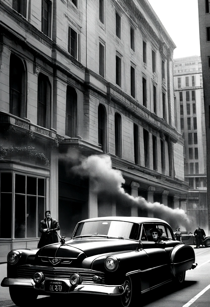 Cinematic image, realism, cinema, realistic scenario, five men armed with Thompson Machine Guns, team of gangsters, vintage car, 70s, large building, robbery of the Central Bank of Chicago, the mint or central bank, explosive scenario, shootout , smoke, monochrome.
