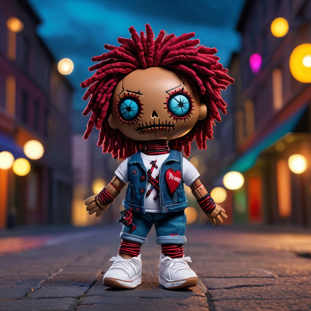 (knitted toy voodoo doll:1.9), (in New Balance sneakers:1.4), (Clothing: casual outfit:1.0), (Accessories: sports details, small backpack:1.1), (background: city street with city lights:1.2), best quality, masterpiece, detailed soft oil painting, detailed background, dramatic cinematic lighting, soft edge lighting, professional, dramatic lighting, hard edge lighting, ultra quality, 4k,masterpiece, best quality, 8k, ultra highres, highres, extremely detailed