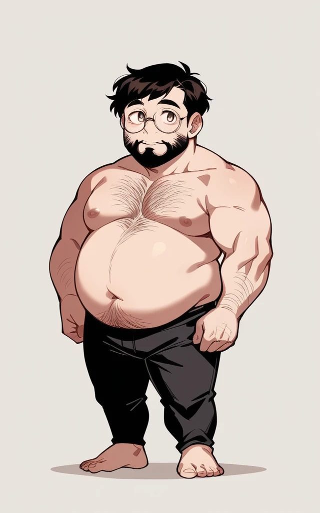A cute fat man, with charming big eyes, short hair, big round face, round face, short double chin, beard, very hairy chest, black round-rimmed glasses, very developed chest, fat belly, bare upper body, standing on Rainbow Island, black shorts, bare feet, super clear picture quality, China oriental male, full body photo.