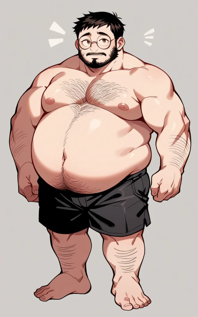 A cute fat man, with charming big eyes, short hair, big round face, round face, short double chin, beard, very hairy chest, black round-rimmed glasses, very developed chest, fat belly, bare upper body, standing on Rainbow Island, black shorts, bare feet, super clear picture quality, China oriental male, full body photo.