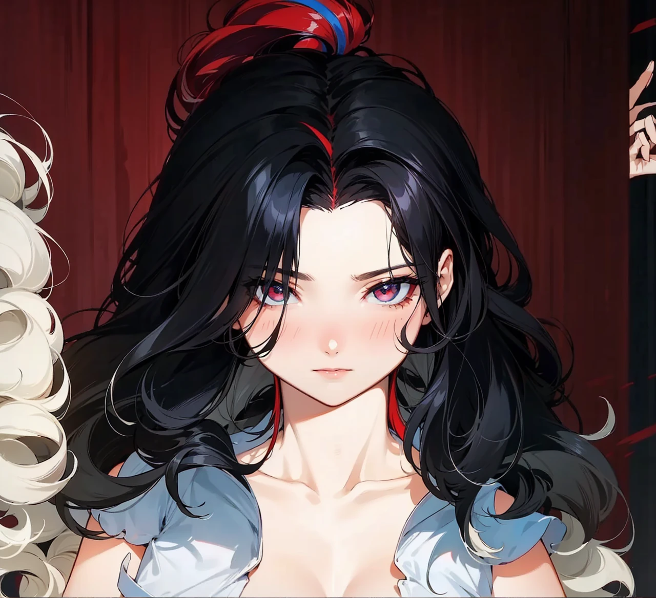 her hair is black and white, it is mix with curly and straight hair, add in some red streaks.