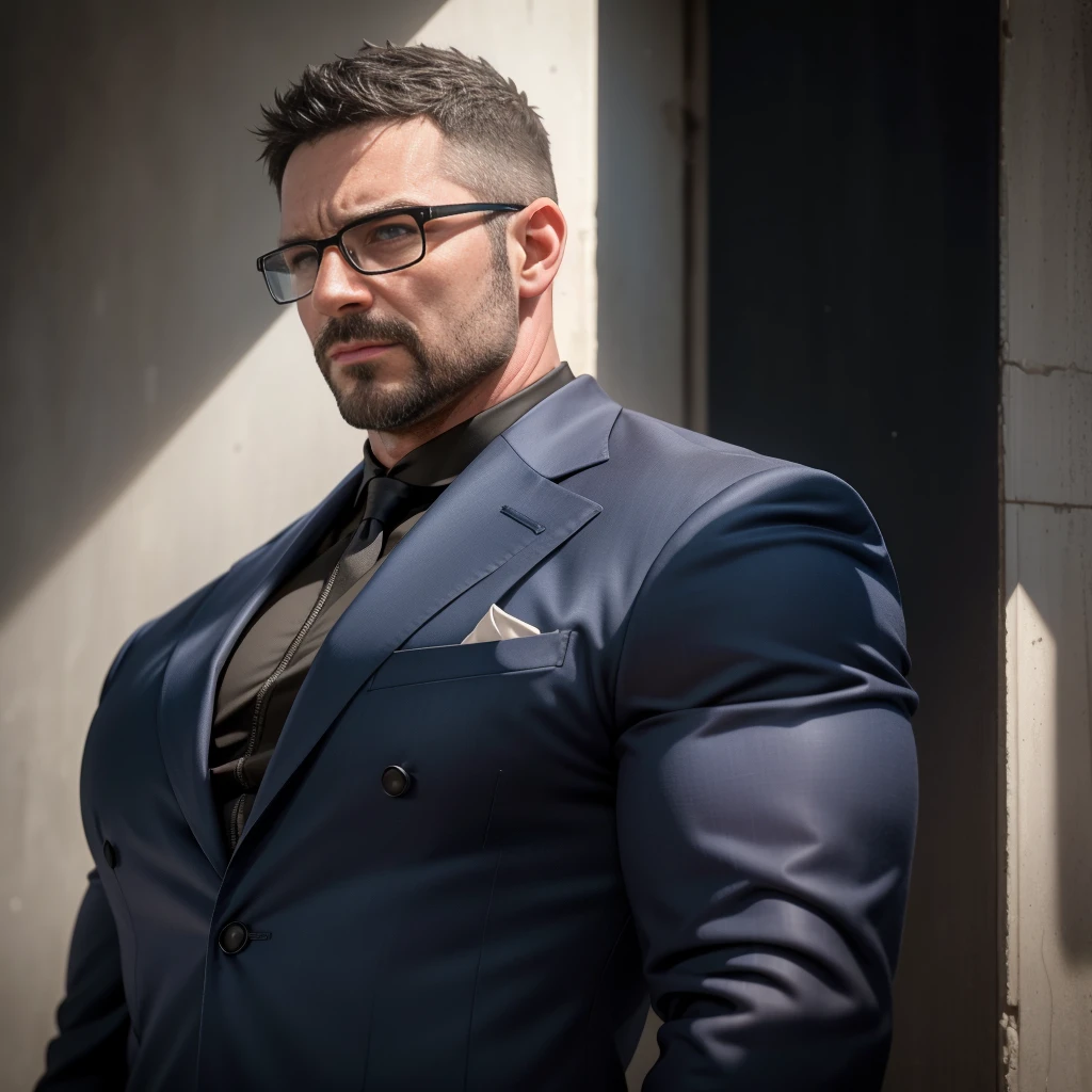 An award-winning original photo,A wild muscular man, (40 years old daddy:1.3), 1boy, Solo, (blue suit), black shirt, blue trouser, black hair, (big shoulders), musculature, stubbles, Short beard, Beautiful eyes:1.3, ), (Detailed face:1.3), wearing glasses, smoldering face, elegant pose, Dynamic Angle, bright lighting, (Best quality, A high resolution, Photorealistic), Cinematic lighting, Masterpiece, RAW photo, Intricate details, hdr, depth of field, full body shot, from below, (a photoshoot), (white blank background)