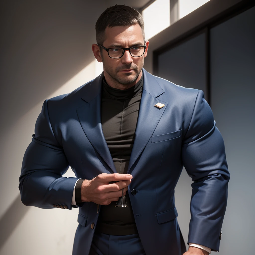 An award-winning original photo,A wild muscular man, (40 years old daddy:1.3), 1boy, Solo, (blue suit), black shirt, blue trouser, black hair, (big shoulders), musculature, stubbles, Short beard, Beautiful eyes:1.3, ), (Detailed face:1.3), wearing glasses, smoldering face, elegant pose, Dynamic Angle, bright lighting, (Best quality, A high resolution, Photorealistic), Cinematic lighting, Masterpiece, RAW photo, Intricate details, hdr, depth of field, full body shot, from below, (a photoshoot), (white blank background)