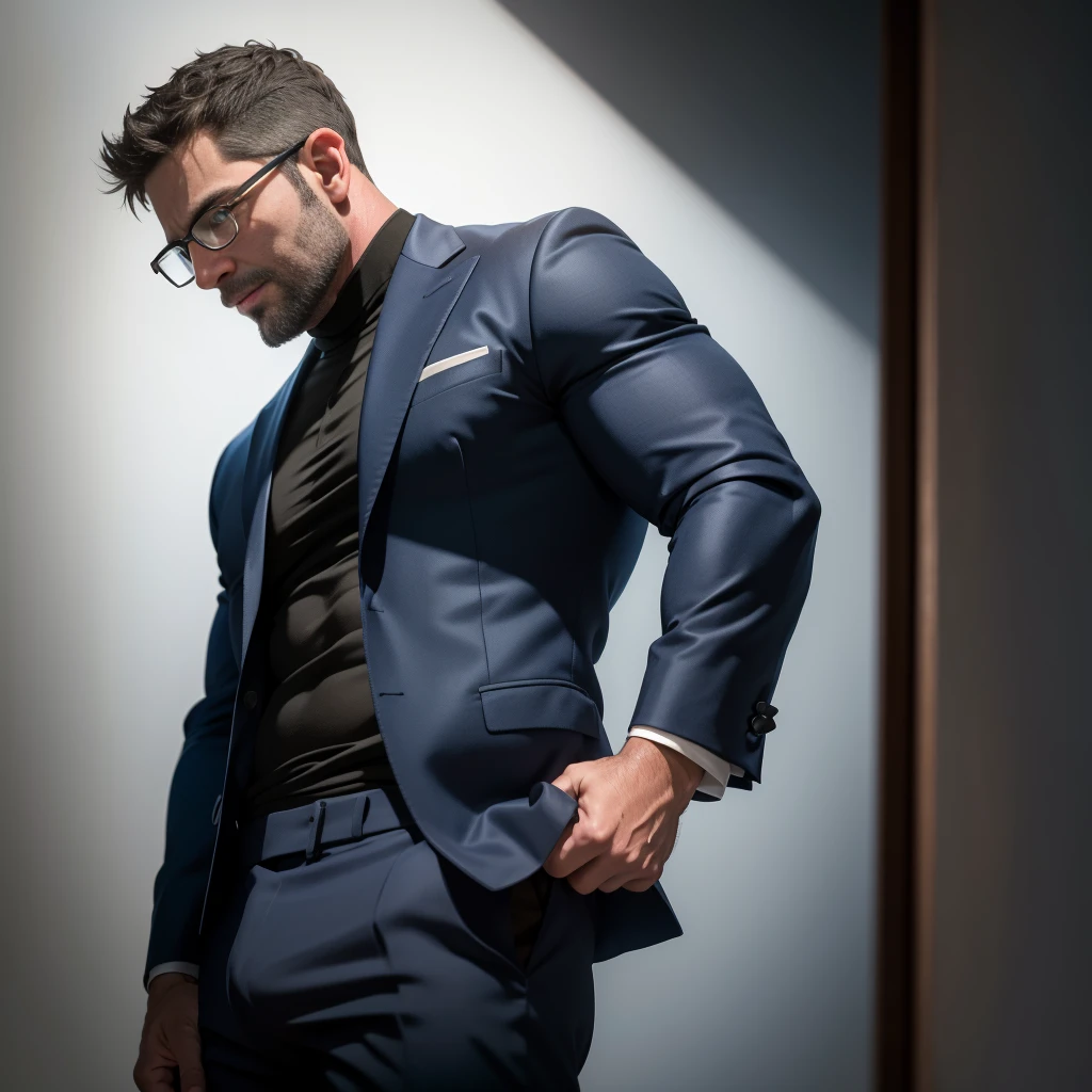 An award-winning original photo,A wild muscular man, (40 years old daddy:1.3), 1boy, Solo, (blue suit), black shirt, blue trouser, black hair, (big shoulders), musculature, stubbles, Short beard, Beautiful eyes:1.3, ), (Detailed face:1.3), wearing glasses, smoldering face, elegant pose, Dynamic Angle, bright lighting, (Best quality, A high resolution, Photorealistic), Cinematic lighting, Masterpiece, RAW photo, Intricate details, hdr, depth of field, full body shot, from below, (a photoshoot), (white blank background)