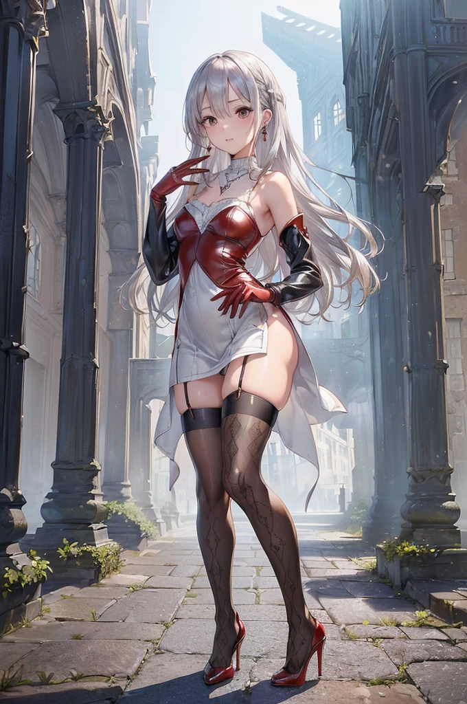 ((Biologically correct limb count))、(( From head to toe、Full-body photo including face))、4K、((Standing position))、masterpiece、((Focus on the face))、((Symmetrical facial features))、Eyes with detailed description、Beautiful woman、Great style、Beautiful arms、Beautiful legs、Beautiful Hands、(Small Ass、Thin thighs)、Facial detailing、Small earrings、necklace、(Red and black leather A-line dress、((High heels、Patterned stockings)))、((Standing in front of an old castle in the daytime sun, looking up))、Silk gloves、(((Silver Hair)))、(Thick fog)、Realistic photo