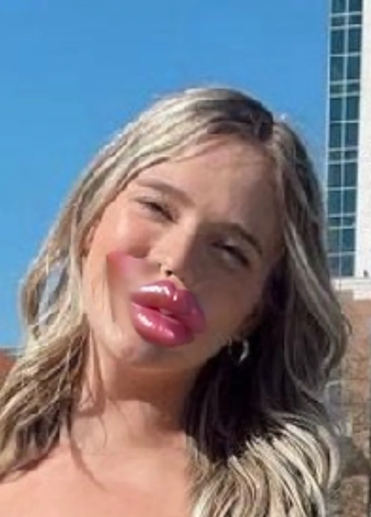 Large plump Bimbo lips, match face features, match lip color, match skin, match lighting, super realistic