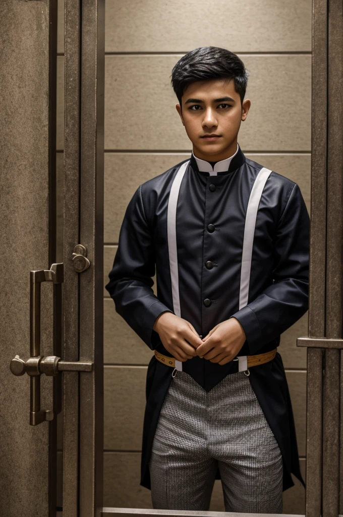 A young man dressed as a minister is imprisoned