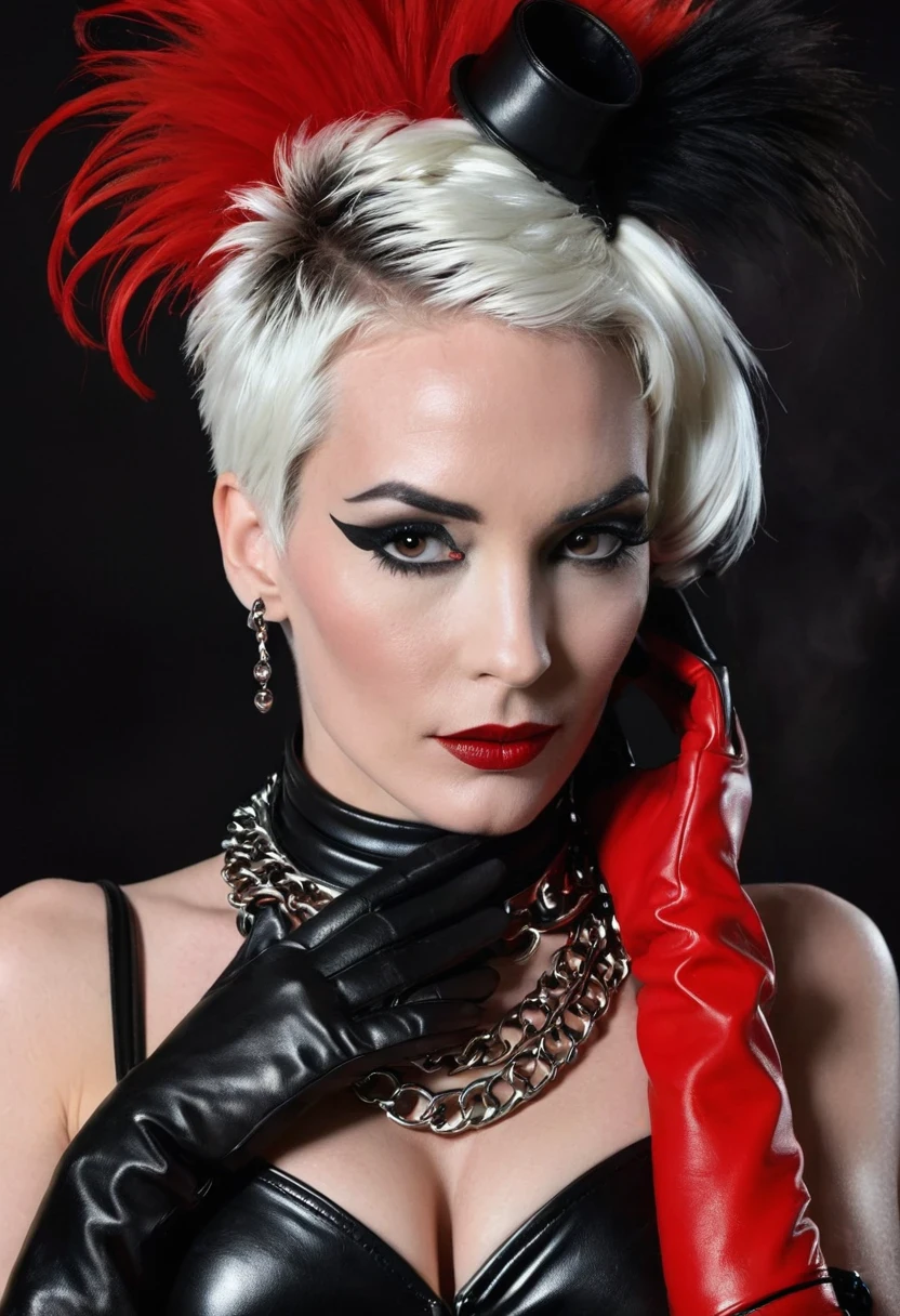 Very thin. Naked sexy Cruella de ville in bdsm style. A very magnificent hairstyle. Shiny steel bracelets on top of black gloves. and Shiny steel bracelet necklaces are on her wrists. She wears a leather harness over her head and face. Leather garters on his feet.. Red, thick smoke in the background.