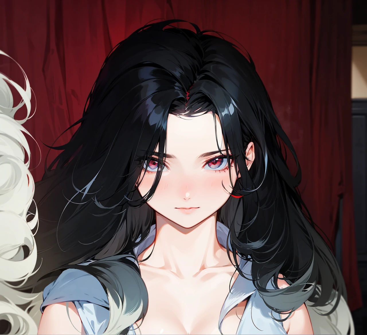 her hair is black and white, it is mix with curly and straight hair, add in some red streaks.