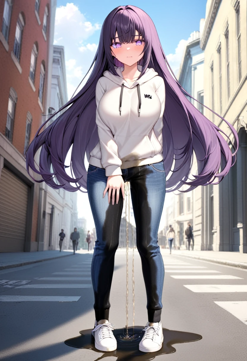 (masterpiece:1.37), best quality, (extremely detailed:1.37) woman, (adult:1.5), (very long hair:1.5), dark purple hair, purple eyes, (extremely detailed eyes:1.37), breasts, hoodie, jeans, (wetting herself:2.0), standing straight, full body day, daytime, glow, facing viewer, perfect composition, full body, city, street