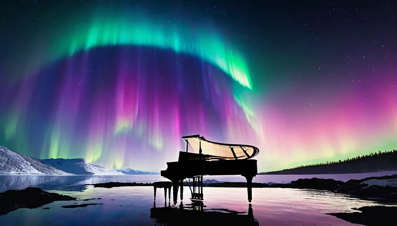 Mysterious and enchanting scenery with one piano placed on the surface of the water under the aurora-filled sky of rainbow. ((A beautiful woman is standing in front of the piano.)) The water surface reflects the view of the Northern Lights and is surrounded by silence. The piano is lit up and looks even more divine.
