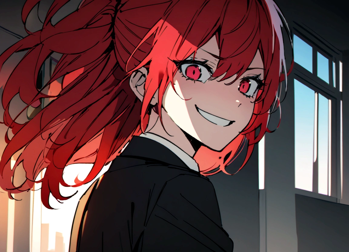 Red hair、Black suit、punch、Scary smile、office、Daytime