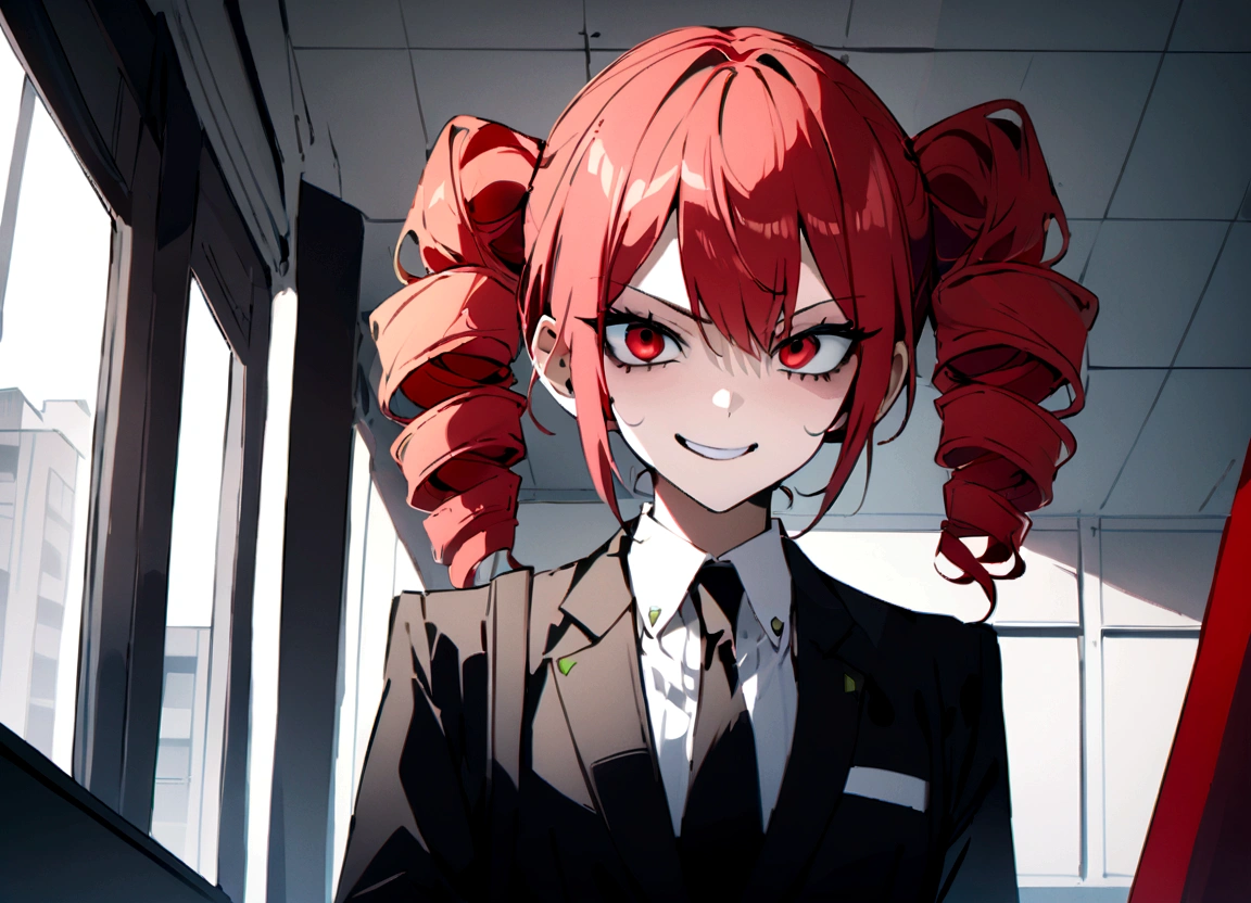 Red hair、Black suit、punch、Scary smile、office、Daytime