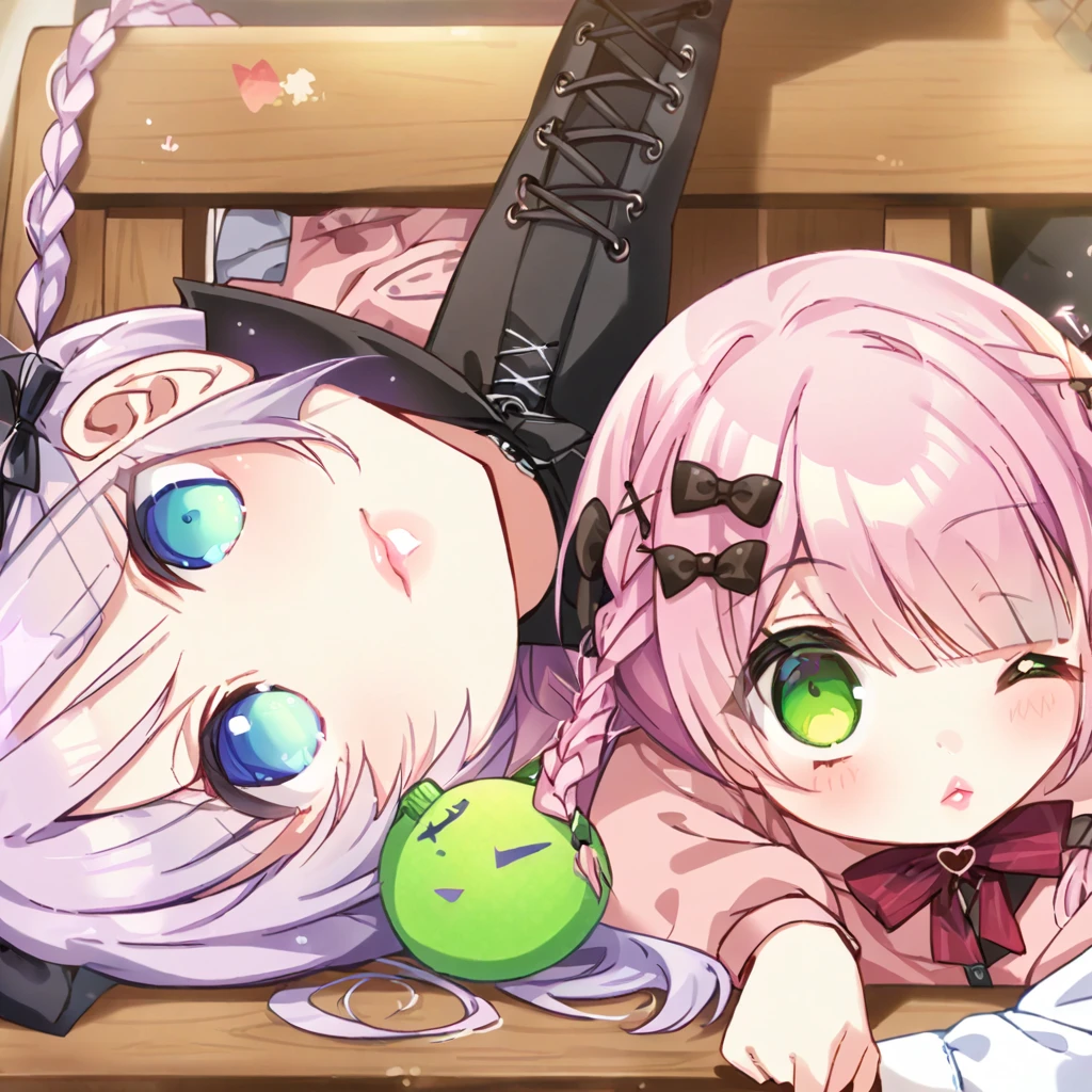 a masterpiece, beautiful eyes, a beautiful face, beautiful depiction, details, ultra detailed, 8K,kawaii, mesugaki, fangs,
light atmosphere, (Cute 2girls:1.5), (2girls with closs hair pin,
pink shirt,cosplay, jirai kei, bangs, black skirt, black bow, looking at viewer, bow, long sleeves, choker, ribbon,pink lips,Thick-soled boots,portrait shot :1.4),boots focus,
(masterpiece:1.3), anime visual, (Lovey-dovey:1.5), (tilt head:1.3), extremely delicate face, soft clean focus, realistic lighting and shading, (an extremely delicate and beautiful art:1.3),
Two college-aged women are sitting on a bench drinking tea from a plastic bottle. Their legs are slightly open, exposing their underwear. One girl has lavender-colored twin braids hair and green eyes, the other girl has silver-colored ponytail hair and blue eyes,