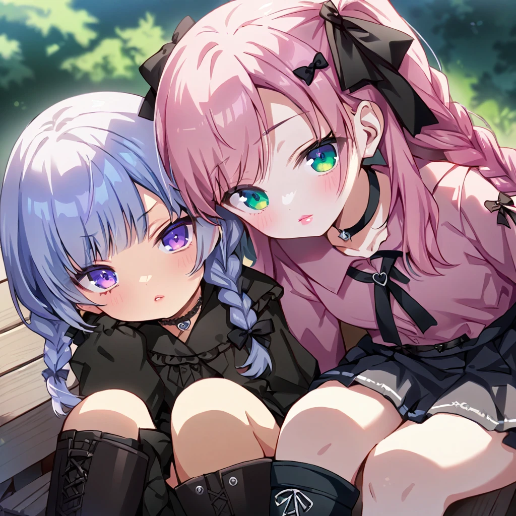 a masterpiece, beautiful eyes, a beautiful face, beautiful depiction, details, ultra detailed, 8K,kawaii, mesugaki, fangs,
light atmosphere, (Cute 2girls:1.5), (2girls with closs hair pin,
pink shirt,cosplay, jirai kei, bangs, black skirt, black bow, looking at viewer, bow, long sleeves, choker, ribbon,pink lips,Thick-soled boots,portrait shot :1.4),boots focus,
(masterpiece:1.3), anime visual, (Lovey-dovey:1.5), (tilt head:1.3), extremely delicate face, soft clean focus, realistic lighting and shading, (an extremely delicate and beautiful art:1.3),
Two college-aged women are sitting on a bench drinking tea from a plastic bottle. Their legs are slightly open, exposing their underwear. One girl has lavender-colored twin braids hair and green eyes, the other girl has silver-colored ponytail hair and blue eyes,