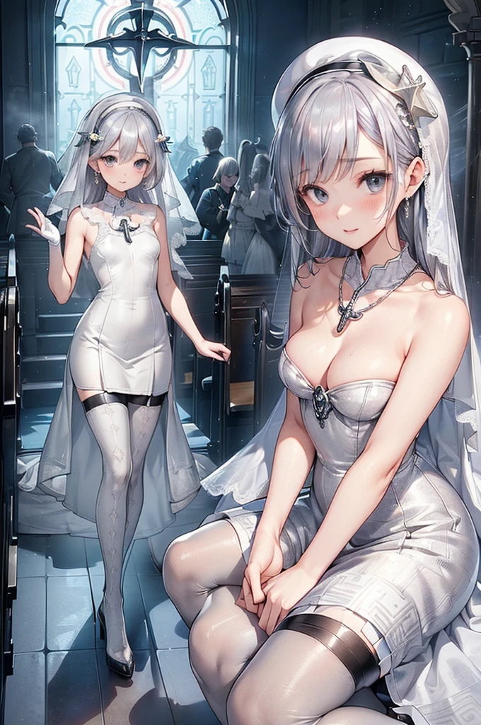 ((Biologically correct limb count))、(( From head to toe、Full-body photo including face))、4K、((Standing position))、masterpiece、((Focus on the face))、((Symmetrical facial features))、Eyes with detailed description、Beautiful woman、Great style、Beautiful arms、Beautiful legs、Beautiful Hands、(Small Ass、Thin thighs)、Facial detailing、Small earrings、necklace、(beret、Black leather mermaid dress、((High heels、Patterned stockings)))、((Chapel during the day、wedding、Chapel))、Close-up photo of the upper body、Silk gloves、(((Silver Hair)))、(Thick fog)