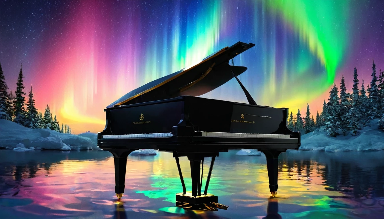 Mysterious and enchanting scenery with one piano placed on the surface of the water under the aurora-filled sky of rainbow. ((A beautiful woman is standing in front of the piano.)) The water surface reflects the view of the Northern Lights and is surrounded by silence. The piano is lit up and looks even more divine.
