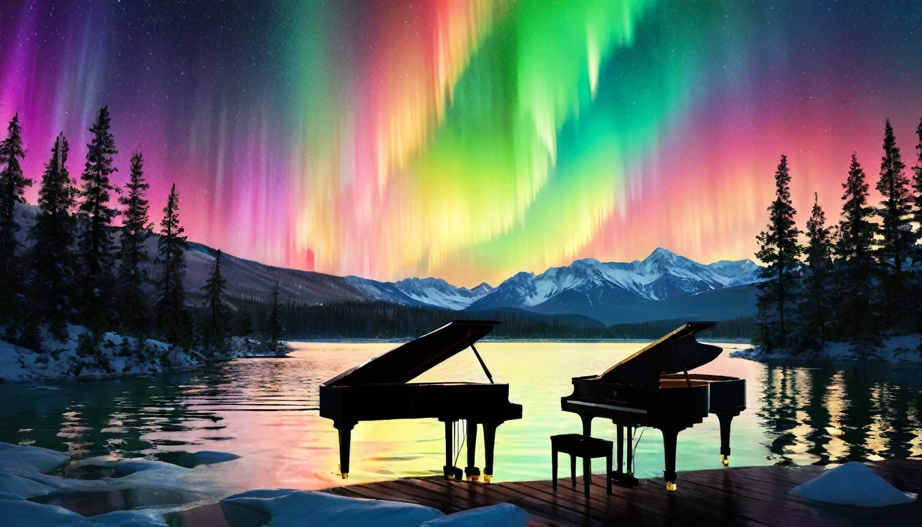 Mysterious and enchanting scenery with one piano placed on the surface of the water under the aurora-filled sky of rainbow. ((A beautiful woman is standing in front of the piano.)) The water surface reflects the view of the Northern Lights and is surrounded by silence. The piano is lit up and looks even more divine.