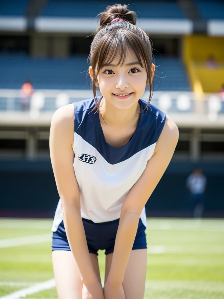 (Best-quality, Masterpiece, Ultra-High-Resolution, (Photorealistic:1.4), Raw Photo, depth of field, professional lighting, perfect anatomy, extremely details), 1girl, 15-years-old, the most famous Japanese idol, standing on athletic-stadium, looking at viewer, innocent smile, ((wearing white track and field sleeveless-uniform)),navy blue high-leg bloomers, ((extremely cute face like the most popular Japanese idol, ((extremely cute big-eyes)), extremely cute short-cut-hair)), (((extremely beautiful and extremely realistic skins)))