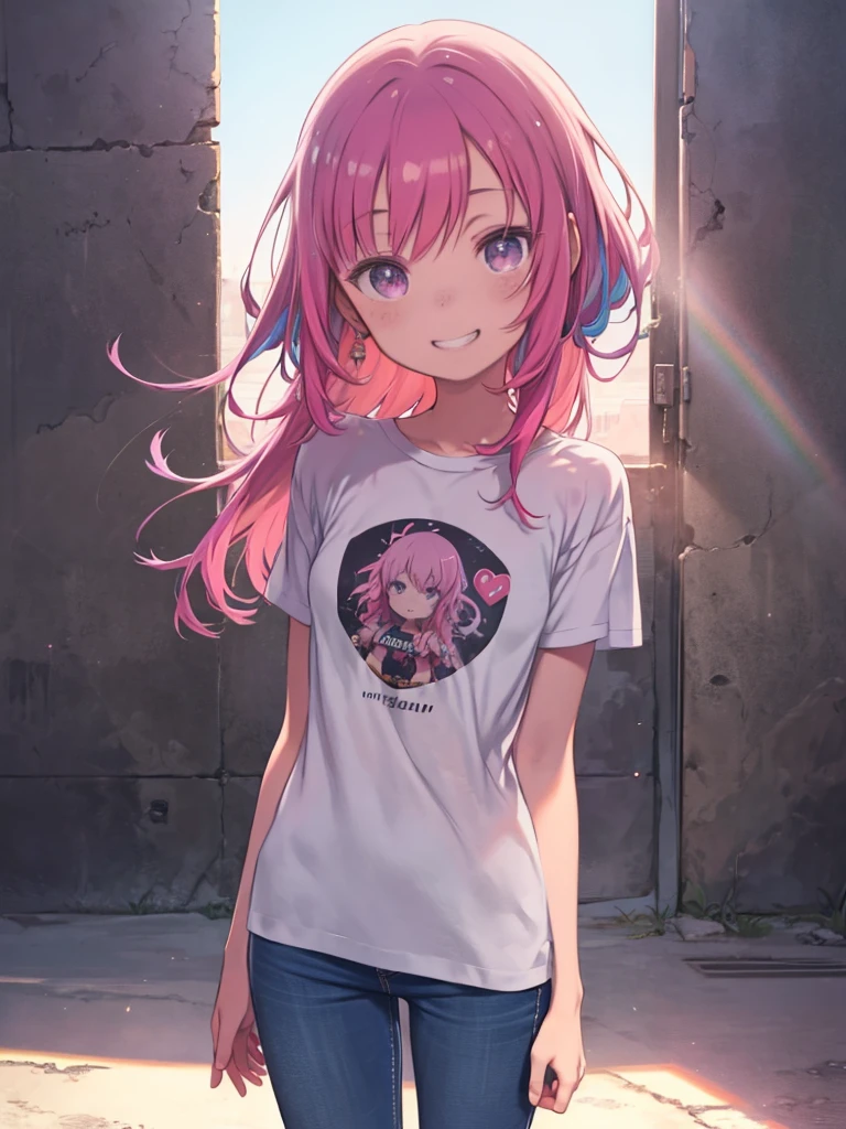 AniPoma 1,(masterpiece, Best illustrations, The best manga), alone, One girl, Purple eyes, (Shiny skin, Soft Hair), (Milkshake in hand), freckles, (Bright pink two-tone hair:1.3), (Wearing a Led Zeppelin T-shirt, Denim jeans), (Extreme light and shadow, Volumetric lighting, Rim Light), (Dawn:.5), (Rainbow Light, Light leakage), (Fascinating, Grin), (alone), Manga Dusk 1, Manwa 1