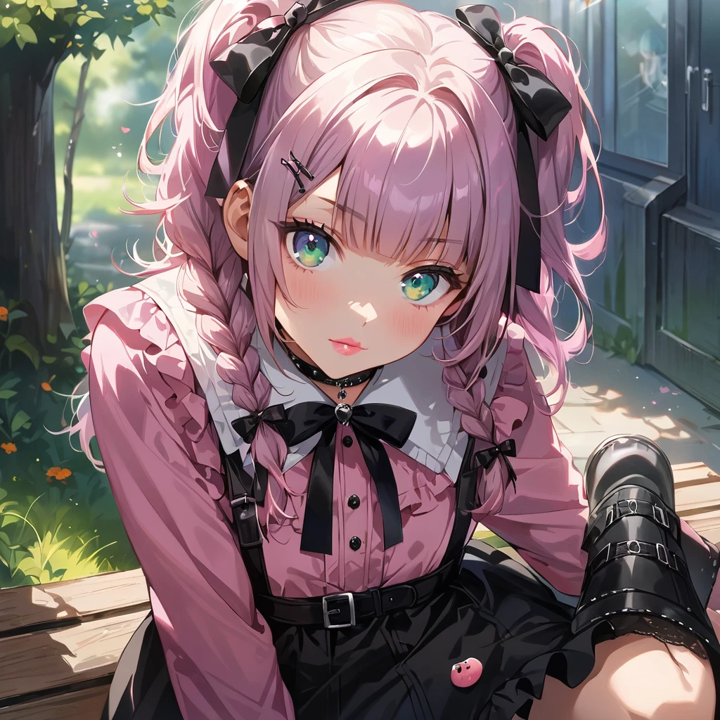 a masterpiece, beautiful eyes, a beautiful face, beautiful depiction, details, ultra detailed, 8K,kawaii, mesugaki, fangs,
light atmosphere, (Cute 2girls:1.5), (2girls with closs hair pin,
pink shirt,cosplay, jirai kei, bangs, black skirt, black bow, looking at viewer, bow, long sleeves, choker, ribbon,pink lips,Thick-soled boots,portrait shot :1.4),boots focus,
(masterpiece:1.3), anime visual, (Lovey-dovey:1.5), (tilt head:1.3), extremely delicate face, soft clean focus, realistic lighting and shading, (an extremely delicate and beautiful art:1.3),
Two college-aged women are sitting on a bench drinking tea from a plastic bottle. Their legs are slightly open, exposing their underwear. One girl has lavender-colored twin braids hair and green eyes, the other girl has silver-colored ponytail hair and blue eyes,