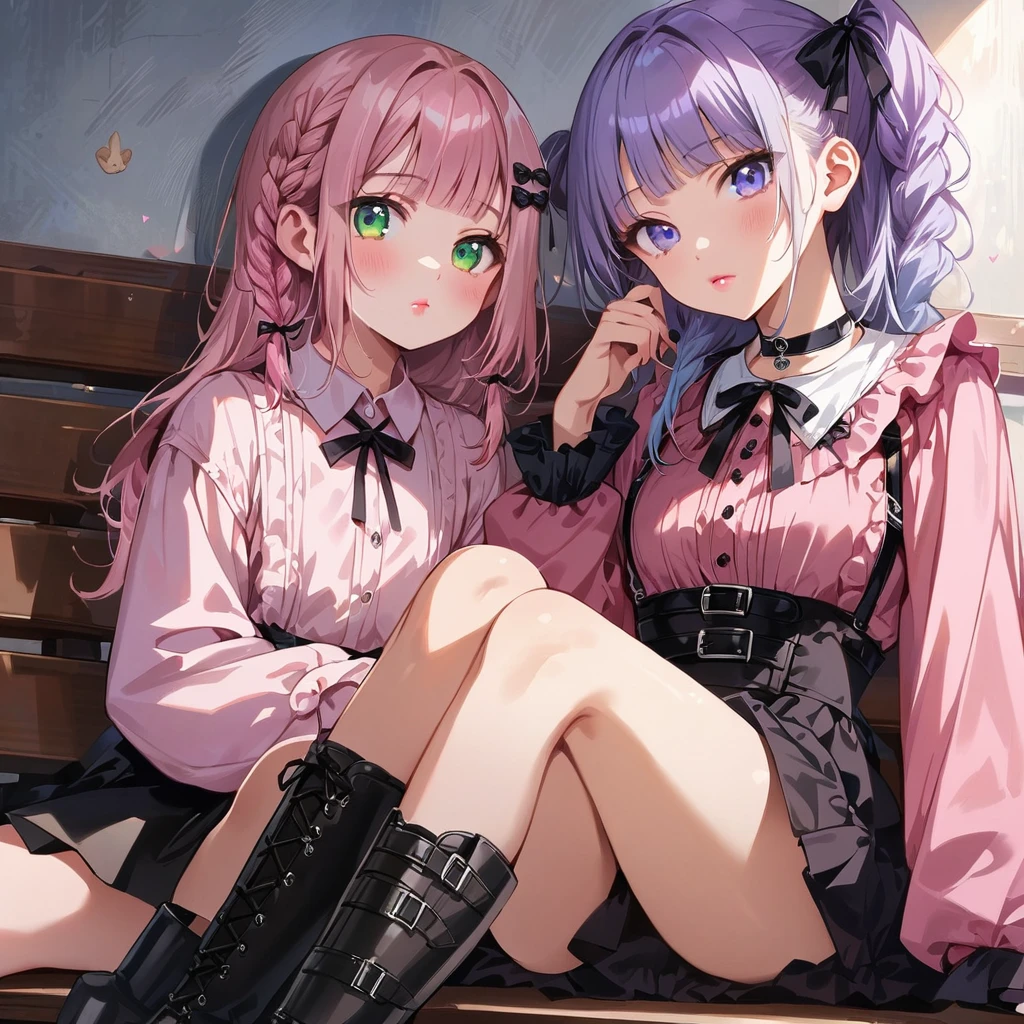 a masterpiece, beautiful eyes, a beautiful face, beautiful depiction, details, ultra detailed, 8K,kawaii, mesugaki, fangs,
light atmosphere, (Cute 2girls:1.5), (2girls with closs hair pin,
pink shirt,cosplay, jirai kei, bangs, black skirt, black bow, looking at viewer, bow, long sleeves, choker, ribbon,pink lips,Thick-soled boots,portrait shot :1.4),boots focus,
(masterpiece:1.3), anime visual, (Lovey-dovey:1.5), (tilt head:1.3), extremely delicate face, soft clean focus, realistic lighting and shading, (an extremely delicate and beautiful art:1.3),
Two college-aged women are sitting on a bench drinking tea from a plastic bottle. Their legs are slightly open, exposing their underwear. One girl has lavender-colored twin braids hair and green eyes, the other girl has silver-colored ponytail hair and blue eyes,