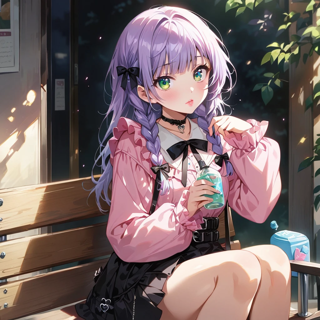 a masterpiece, beautiful eyes, a beautiful face, beautiful depiction, details, ultra detailed, 8K,kawaii, mesugaki, fangs,
light atmosphere, (Cute 2girls:1.5), (2girls with closs hair pin,
pink shirt,cosplay, jirai kei, bangs, black skirt, black bow, looking at viewer, bow, long sleeves, choker, ribbon,pink lips,Thick-soled boots,portrait shot :1.4),boots focus,
(masterpiece:1.3), anime visual, (Lovey-dovey:1.5), (tilt head:1.3), extremely delicate face, soft clean focus, realistic lighting and shading, (an extremely delicate and beautiful art:1.3),
Two college-aged women are sitting on a bench drinking tea from a plastic bottle. Their legs are slightly open, exposing their underwear. One girl has lavender-colored twin braids hair and green eyes, the other girl has silver-colored ponytail hair and blue eyes,