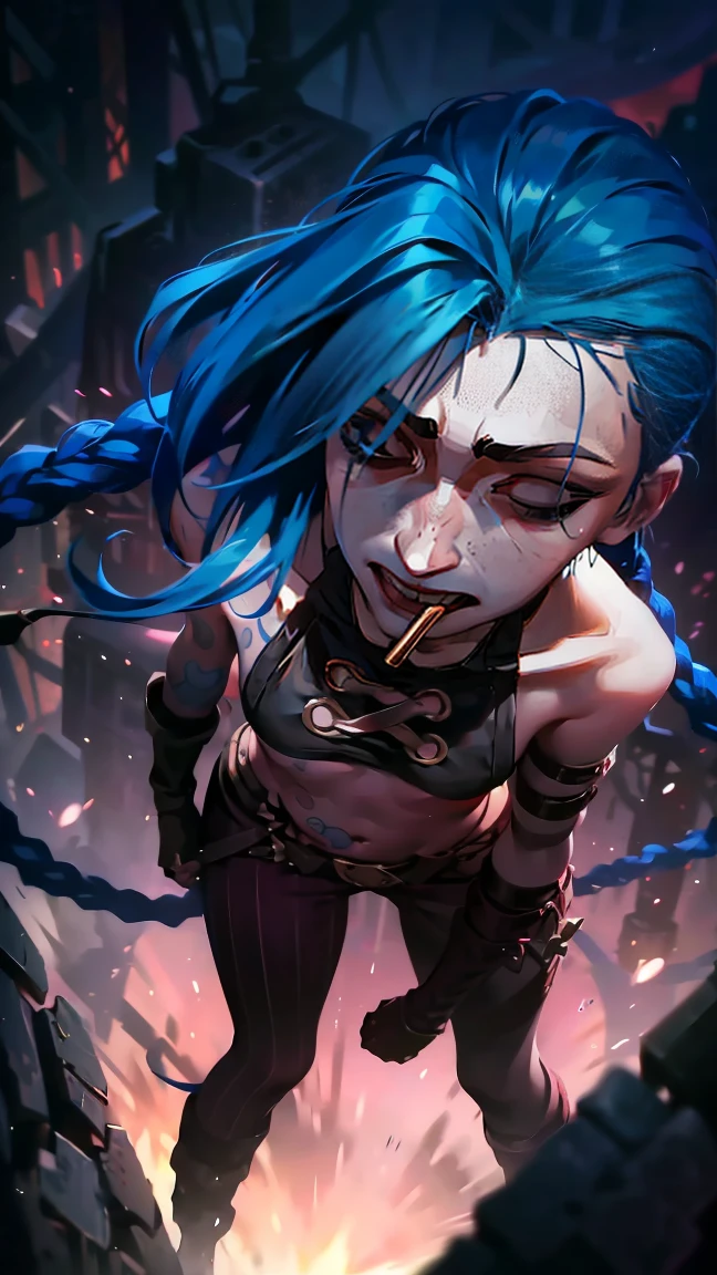 Outdoors, masterpiece, best quality, absurdres, highres, 4k, ray tracing, intricate details, highly detailed.
1boy (A male version of Jinx, from league of legends, he is a femboy, extremely slim, wide hips, flat chest, weak, long blue hair, 2 ponytails, sweating, panting for air, doubled in pain, puking, body filled with bruises, bruised genitals. Bloodied, bruised, crying, extreme pain and shock, slutty femboy, tiny micropenis with excessive foreskin.)  Extremely detailed, ultra high quality. Jinx on extreme pain drooling and puking, puke, vomit, vomiting. bruised groin, flatted testicles. Puking on ground.