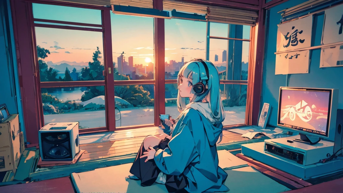 high resolution,High definition,high quality,Girl playing games,gaming computer,Erogeo Art Style, Arte Roffie, zero vibrations, Hip Hop Lofi,aesthetic, Lo-fi art, Lo-fi illustration style, zero, Portrait of Roffey, vibe zero, zero, Chill Hop, Anime Aesthetics,japanese style,large window,girl wearing headphones,sunset