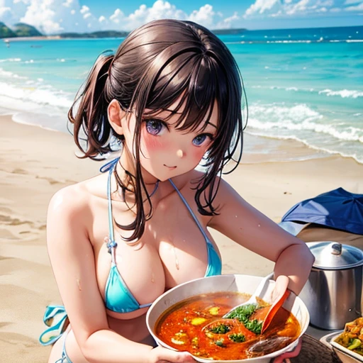 Wearing a micro bikini at the beach、A girl making curry
