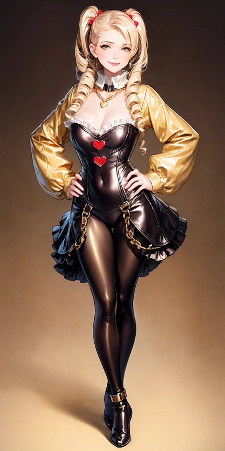 1solo Milf full body standing straight symmetrical, looking at viewer, hands on hips, twin drills twintails, striped pantyhose, golden handcuffs on their hands with a black leather collar around the golden heart necklace, hands on hips, lustful smirking smile face red blushed