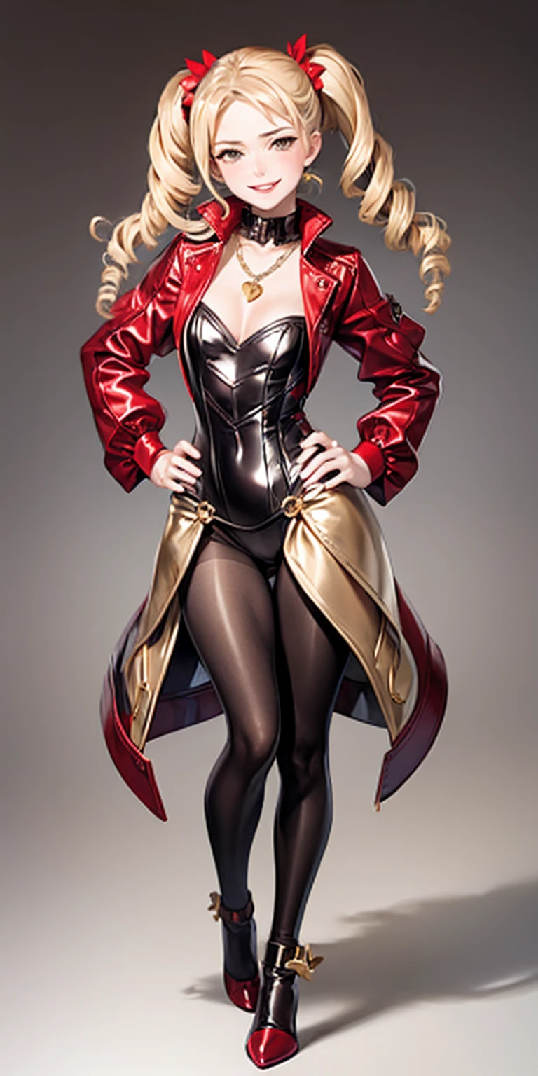 1solo Milf full body standing straight symmetrical, looking at viewer, hands on hips, twin drills twintails, striped pantyhose, golden handcuffs on their hands with a black leather collar around the golden heart necklace, hands on hips, lustful smirking smile face red blushed