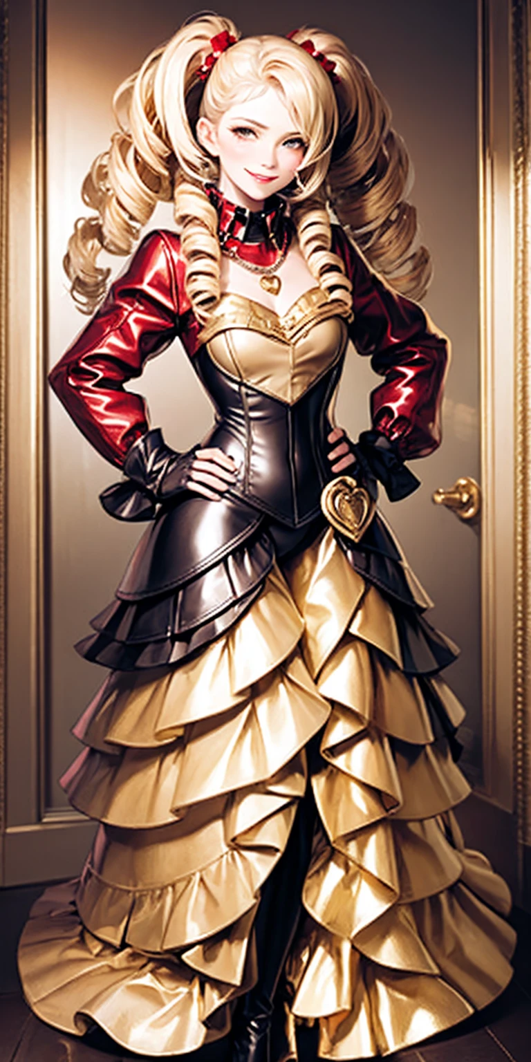 1solo Milf full body standing straight symmetrical, looking at viewer, hands on hips, twin drills twintails, striped pantyhose, golden handcuffs on their hands with a black leather collar around the golden heart necklace, hands on hips, lustful smirking smile face red blushed