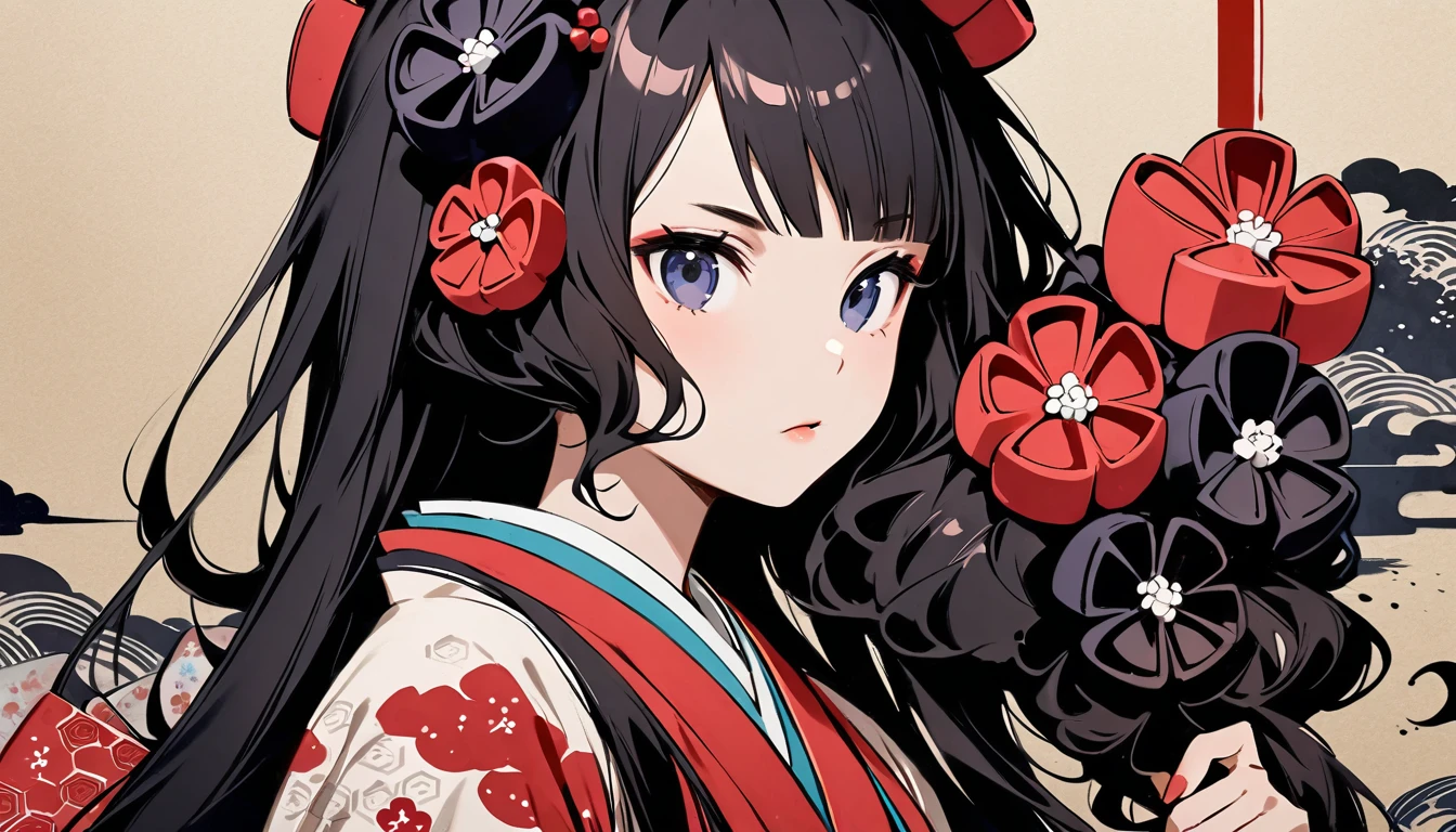 (((Highest quality))), (((Katsushika Hokusai))), (((Ink Painting))), ((very straight longhair)), ((1 girl)), ((Near future city)), ((beautiful girl)), Japanese style headphones, Black Hair, Delicate and precise, Modern ukiyo-e style