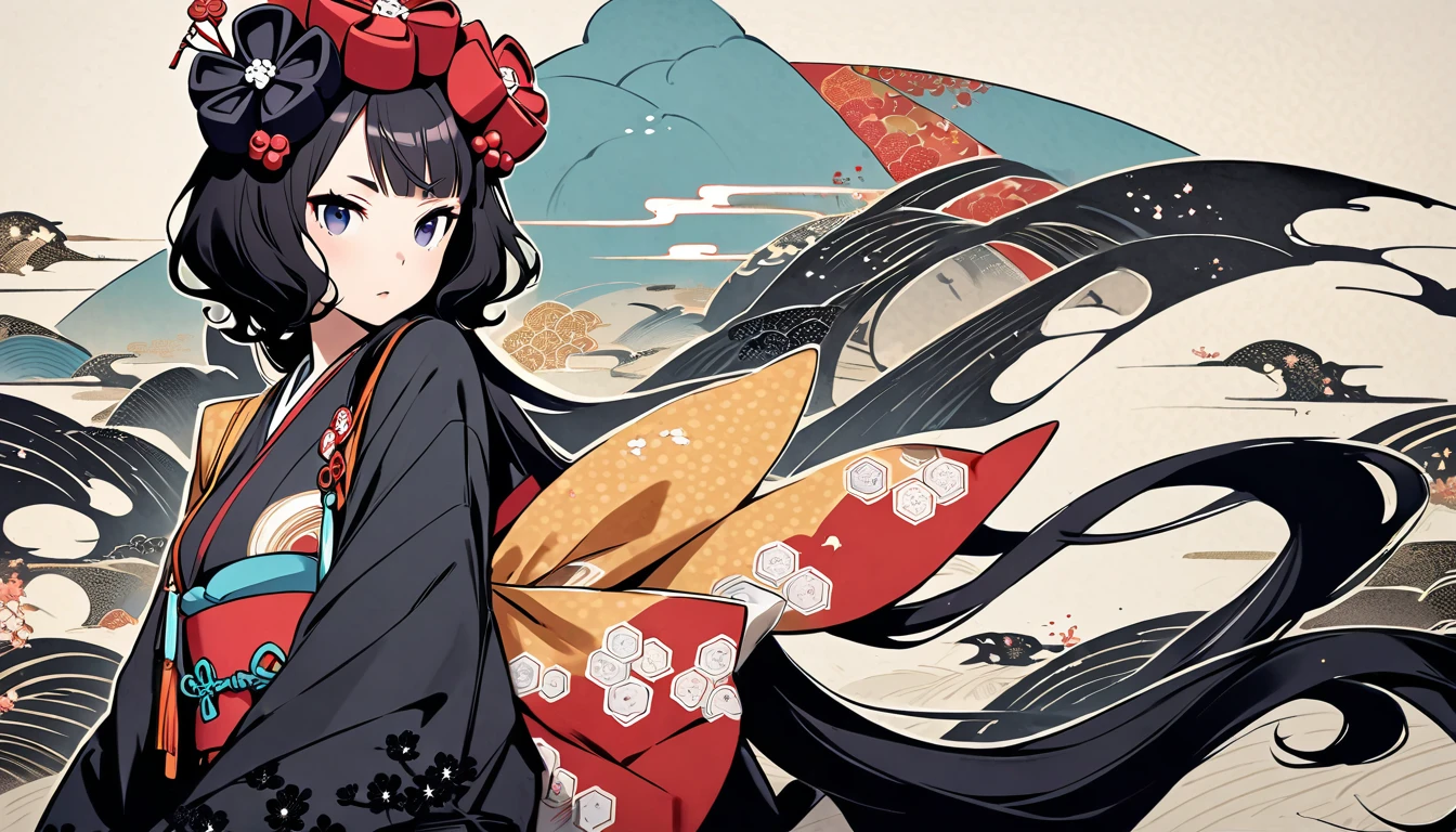 (((Highest quality))), (((Katsushika Hokusai))), (((Ink Painting))), ((very straight longhair)), ((1 girl)), ((Near future city)), ((beautiful girl)), Japanese style headphones, Black Hair, Delicate and precise, Modern ukiyo-e style