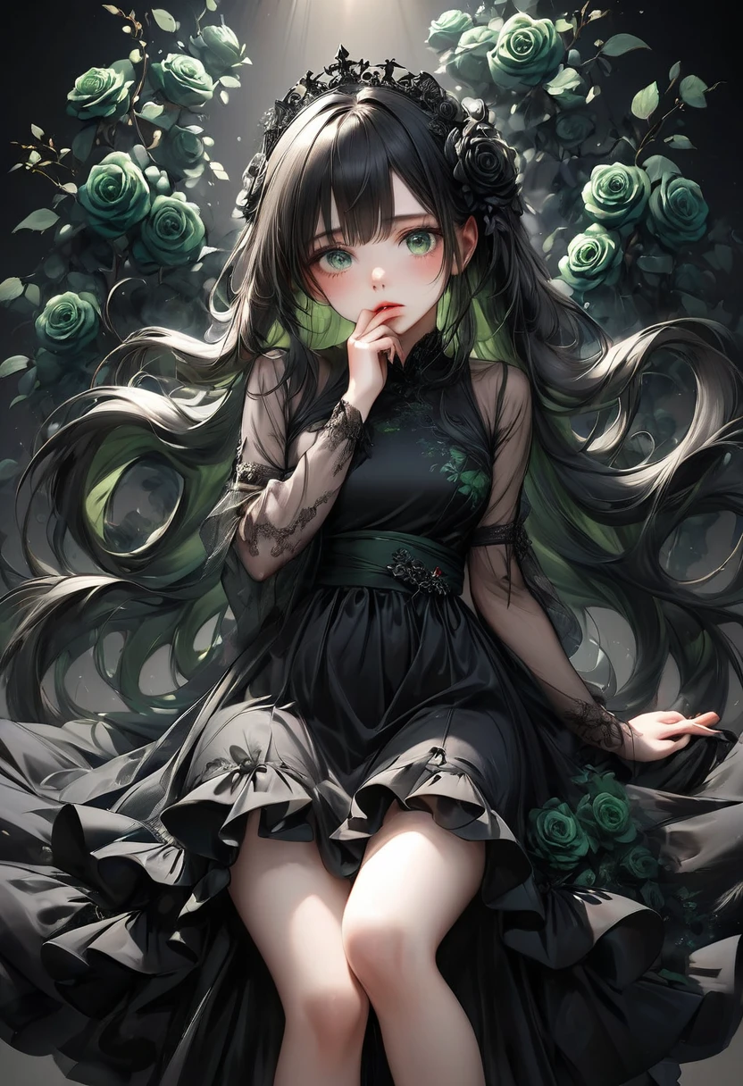 Full Body View, Elevation, Beautiful attention to detail, Beautiful lip detail, Highly detailed eyes and face, Long eyelashes, beautiful and cute young girl, Princess of the Underworld, dark表情, Depressed face, look up, Put your hand over your mouth, White and black gradient hair, Through the bangs, Flowing Hair, Decorated with green and black roses黒人の薄いベール, Decorated with green and black roses、Very beautiful black dress, dark地下世界の背景, (Highest quality,16K,High resolution,masterpiece:1.2),Super detailed,(Ultra-realistic,Photorealistic:1.37),High resolution,超High resolution,Studio Lighting,Ultra-fine painting,Sharp focus,Physically Based Rendering,Very detailed explanation,Professional,Vibrant colors,Japanese anime style,Dramatic lighting,Chiaroscuro,mysterious,melancholy,dark,Surreal,Fantasy