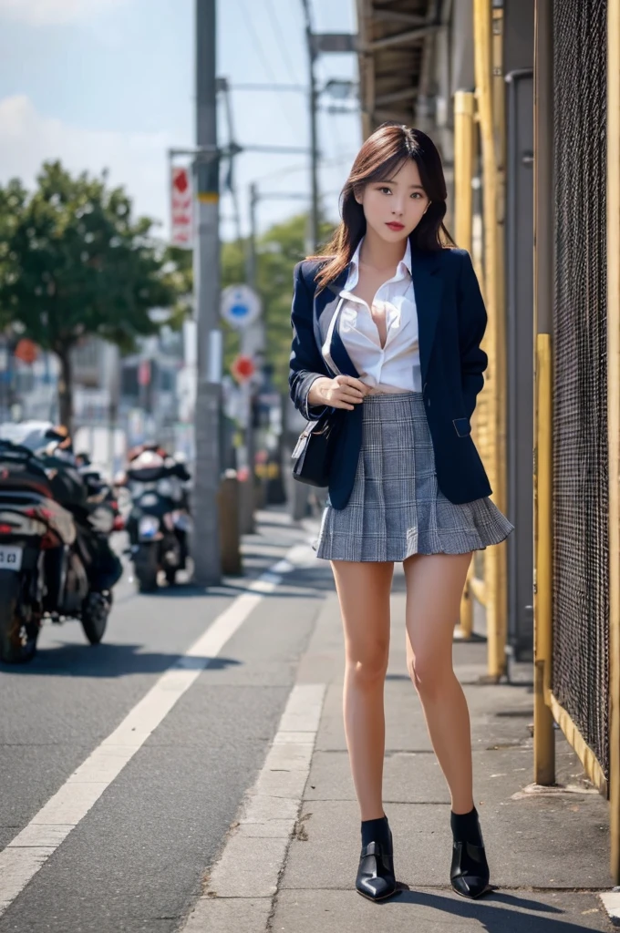 a 17 year old girl, she is the most beautiful actress in the world, the perfect body proportions of this girl, the skin of her upper body is 100% covered by shirt under blazer that is formally buttoned up on her waist, her large breasts are indirectly appealed it's bulge with unexposing it's skin, the panties between her bare legs are hardly covered by short skirt, it's only one description of one body, it's from right above her head to right below her knees are within frame, all her body is looking forward to viewer, she is standing at the city street, nsfw, best quality, highly detailed, masterpiece, ultra high res, photo realistic, 8k, RAW photo