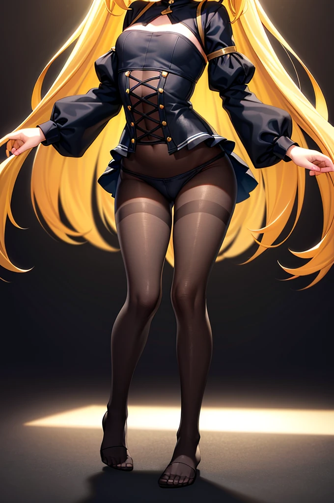 Black tights,Cute little ,Tiny ,Small girl,,Childish face, Very fine clean face,Top quality,Straight Hair,Yellow hair,(Dark Room), Subtle light, Natural light,Soft lighting,Light from directly behind, (Are standing),Front view,Black background