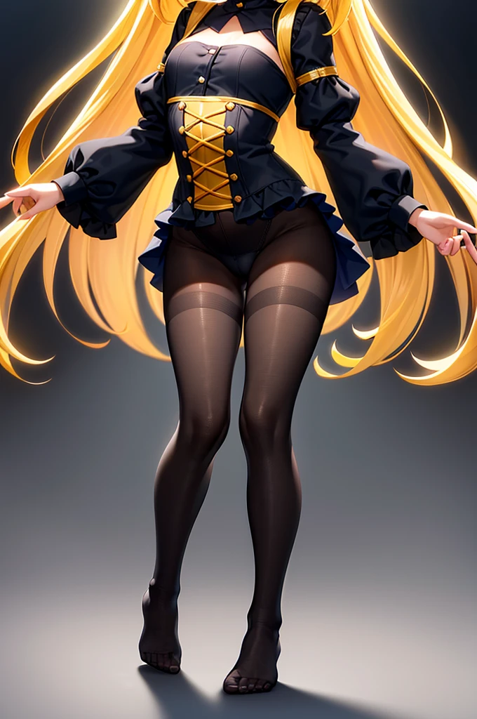 Black tights,Cute little ,Tiny ,Small girl,,Childish face, Very fine clean face,Top quality,Straight Hair,Yellow hair,(Dark Room), Subtle light, Natural light,Soft lighting,Light from directly behind, (Are standing),Front view,Black background
