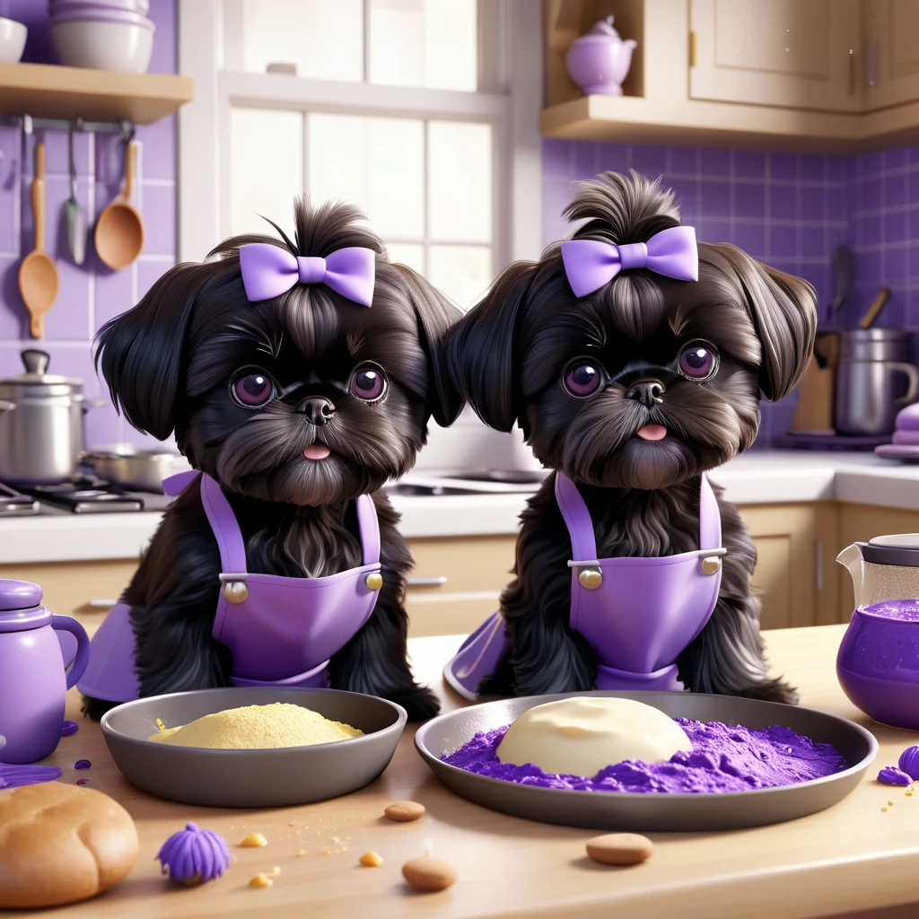 2 Adorable small black Shih Tzu puppies wearing purple collars and aprons playing, baking making a food mess in Disney kitchen 3d cartoon, 3d render, disney pixar style