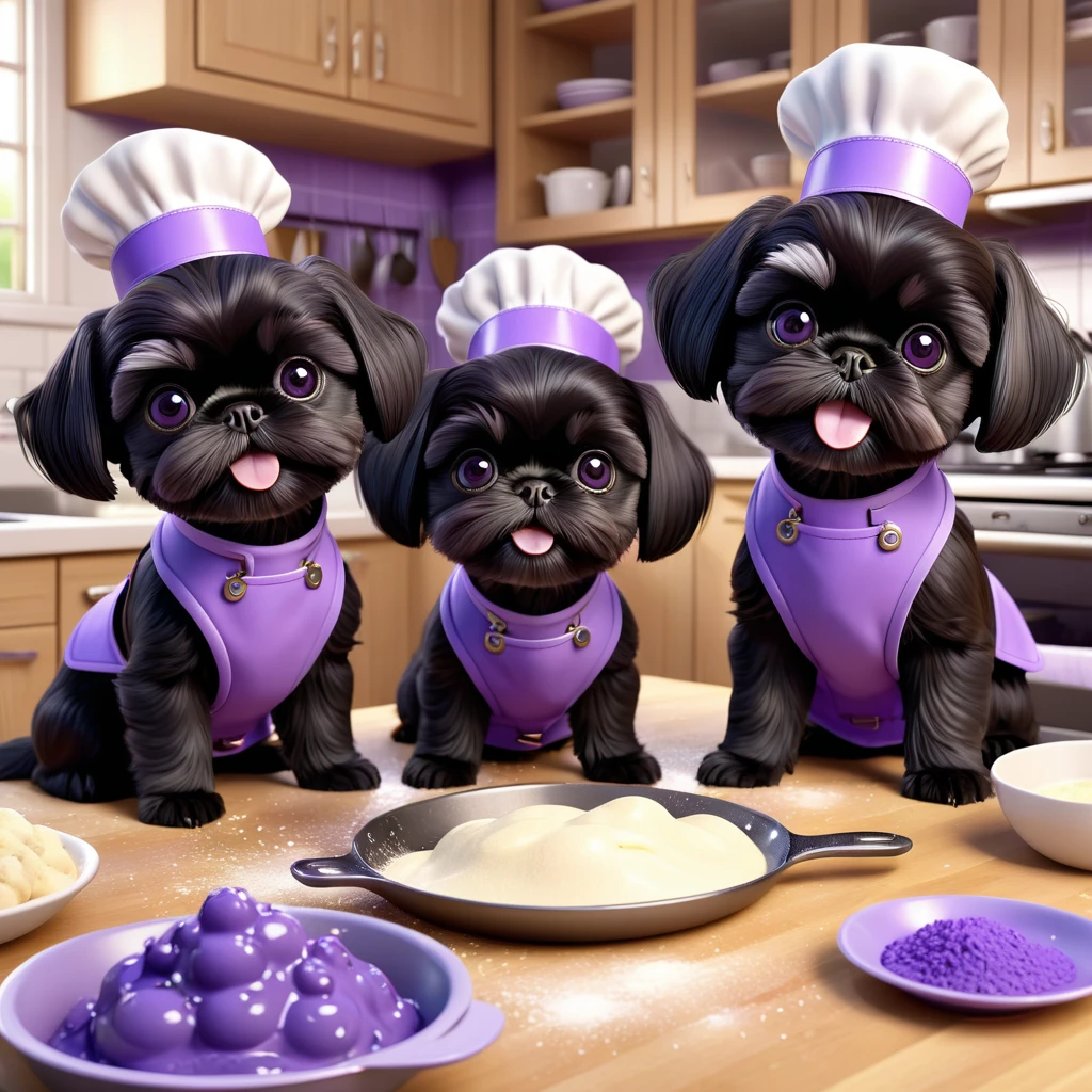 2 Adorable small black Shih Tzu puppies wearing purple collars and aprons playing, baking making a food mess in Disney kitchen 3d cartoon, 3d render, disney pixar style
