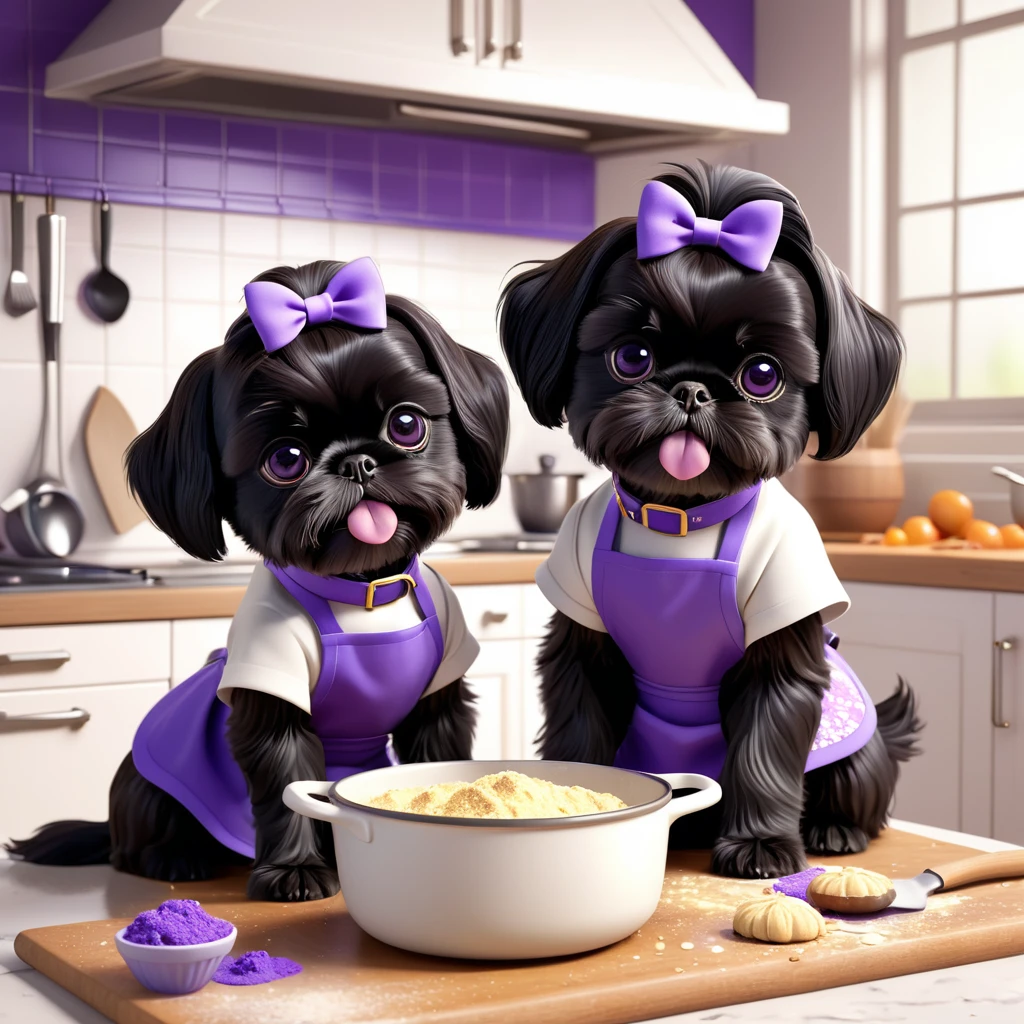 2 Adorable small black Shih Tzu puppies wearing purple collars and aprons playing, baking making a food mess in Disney kitchen 3d cartoon, 3d render, disney pixar style