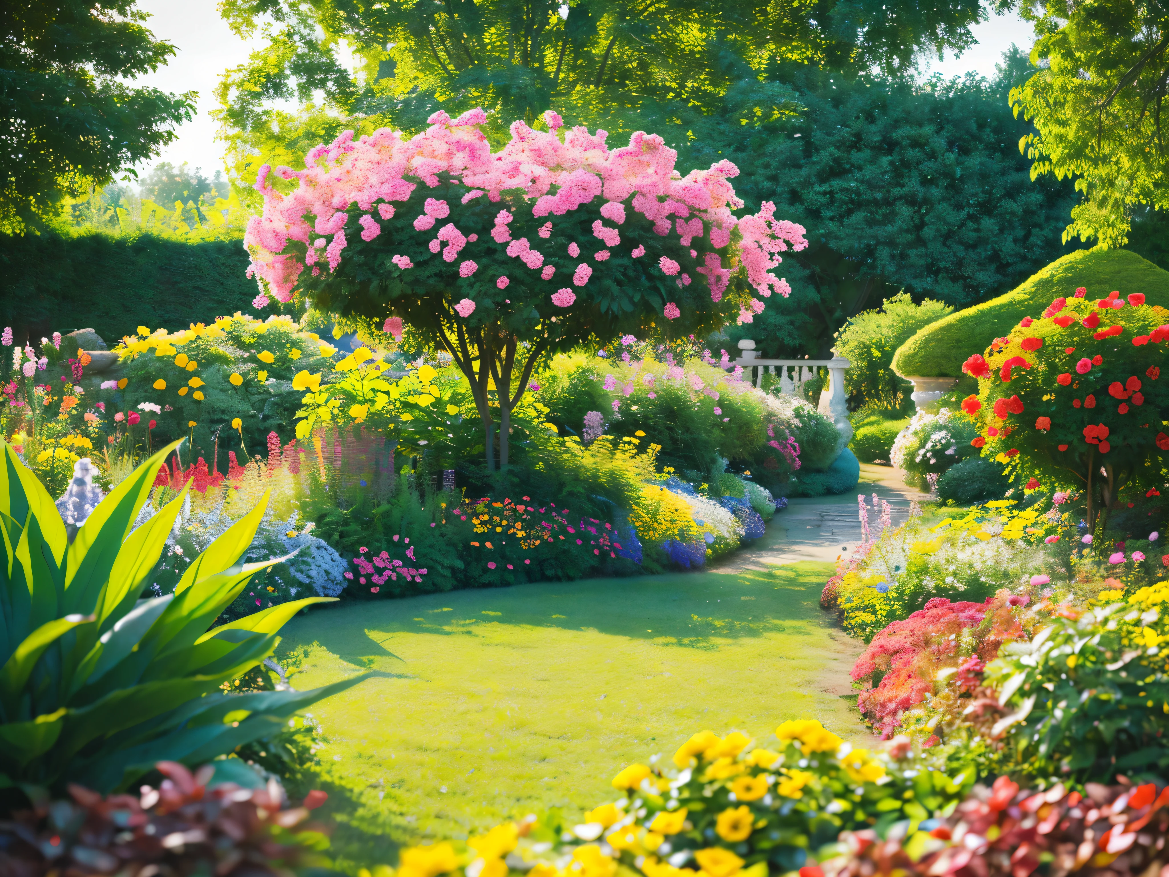 a beautiful garden filled with colorful flowers, photorealistic, high detailed, 8k, (best quality,4k,8k,highres,masterpiece:1.2),ultra-detailed,(realistic,photorealistic,photo-realistic:1.37), vibrant colors, natural lighting, lush foliage, detailed petals, shallow depth of field, intricate textures, serene atmosphere, warm tones