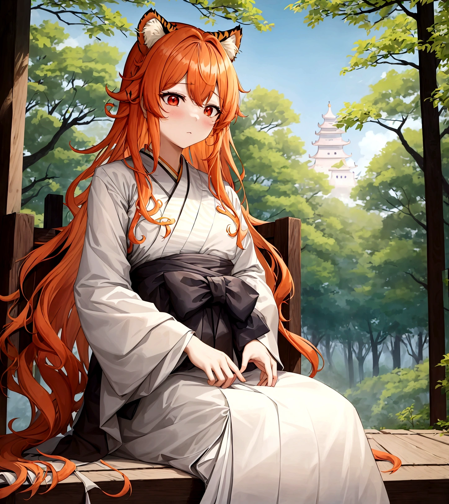 ((최고의 품질)), ((걸작)), (상세한), 여자 1명, Orange color hair , black highlights hair , Long and wavy flowing freely hair ,tiger ears on top of the head , red eyes , Calm and gentle eyes , Fair complexion skin , Traditional Korean hanbok , Cream-colored with intricate patterns and details hanbok , Full skirt typical of a hanbok , Complementary colors and patterns to the top, flowing gracefully hanbok , Forest , Daytime with clear skies , The character is standing gracefully in the forest, blending the traditional elegance of the hanbok with the serene natural surroundings
