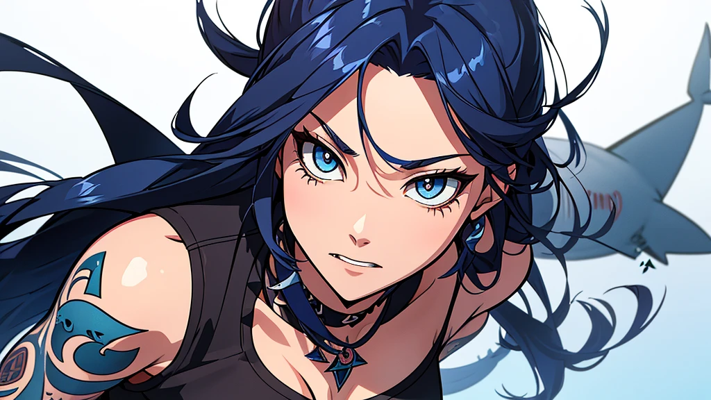 "Create an anime-style illustration of a very tall 20-year-old woman with long dark blue hair in a ponytail. She has predator-like blue eyes and golden canine teeth. Her rebellious look includes a tribal tattoo on her arm and a shark tattoo on her calf. She wears a shark tooth necklace, highlighting her athletic and beautiful appearance. Capture the essence of this character in the illustration."






