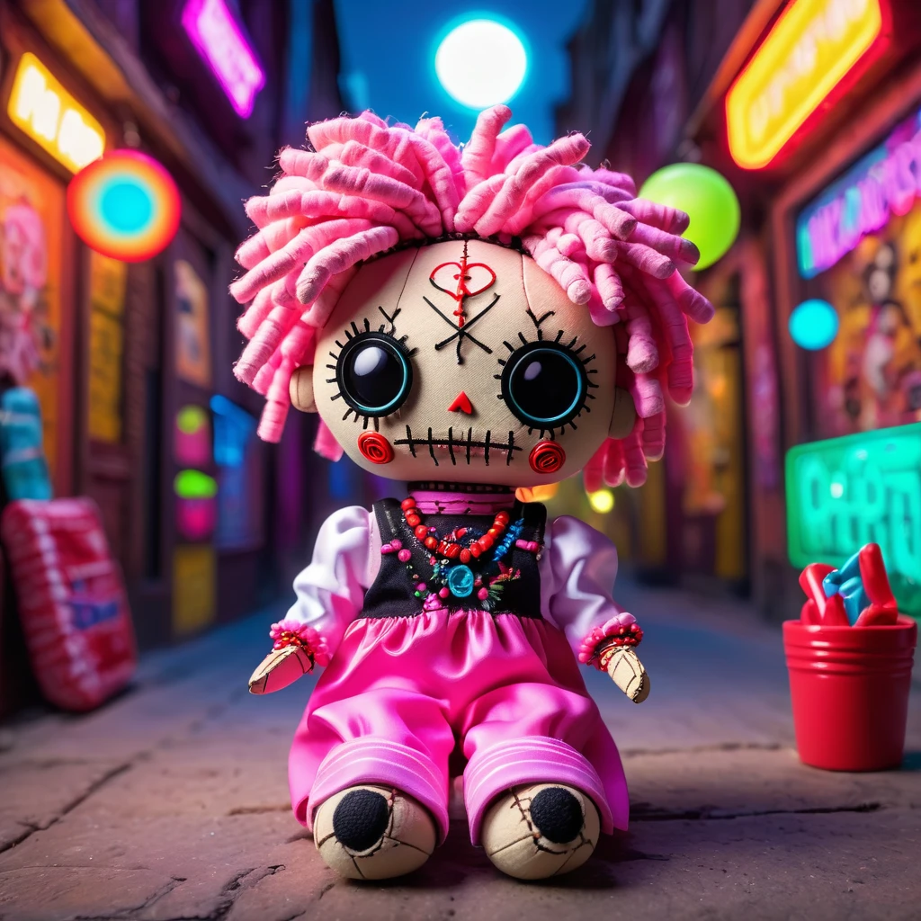 (knitted voodoo doll toy:1.7), (blow bubble gum:1.4), (Clothing: bright and fashionable outfit:1.0), (Accessories: sunglasses:1.1), (background: playful and bright street with neon signs:1.2), best quality, masterpiece, detailed soft oil painting, detailed background, dramatic cinematic lighting, soft edge lighting, professional, dramatic lighting, hard edge lighting, ultra quality, 4k,masterpiece, best quality, 8k, ultra highres, highres, extremely detailed